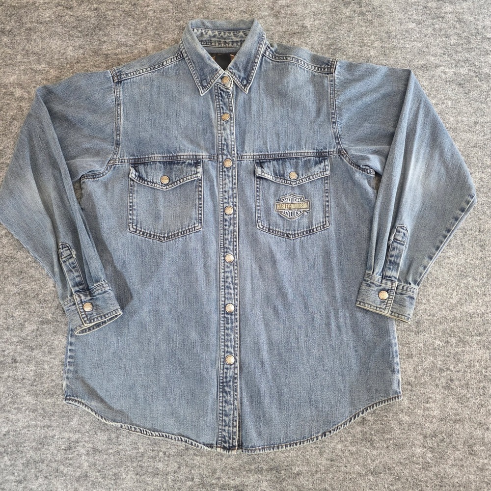 VTG Harley Davidson Denim Snap Button Shirt Womens Large Blue Embroidery Pocket